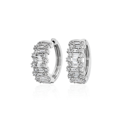 Staggered Round and Baguette Diamond Hoop Earrings in 14k White Gold (1 ...