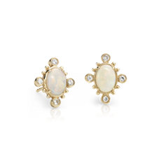 Sunburst Oval Opal and White Sapphire Earrings in 14k Yellow Gold (7x5 mm)