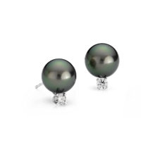 Tahitian Cultured Pearl and Diamond Stud Earrings in 18k White Gold (9.0-9.5mm)