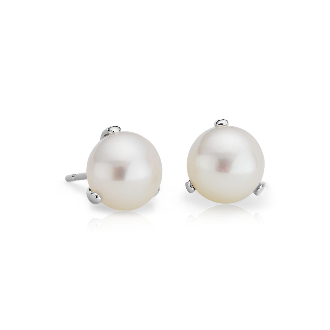 Freshwater Pearl Three Claw Earring Studs in 14k White Gold (9.5-10mm)