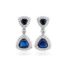 Trilliant Blue Sapphire with Diamond Halo Earrings in 18k White Gold