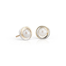 Freshwater Cultured Pearl Two-Tone Halo Stud Earrings in 14k White and Yellow Gold
