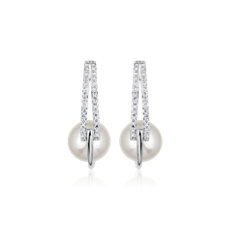 White Freshwater Pearl and Diamond Hoop Earrings in 14k White Gold (8-8.5mm)