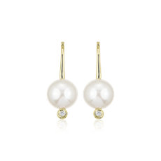 White Freshwater Pearl Drop Earrings with Diamonds in 14k Yellow Gold