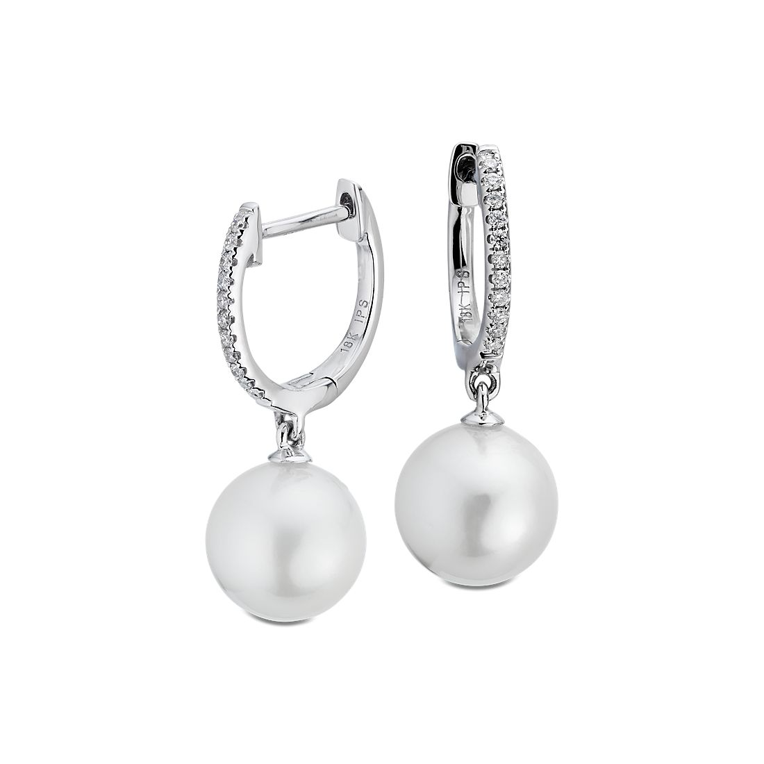Aretes tipo argolla de diamantes y perlas cultivadas blancas del Mar del Sur  en oro blanco de 18 k (8-9 mm)