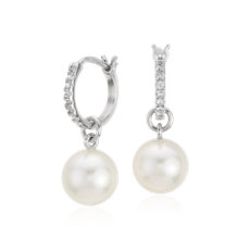 925 纯银淡水养殖珍珠及白色托帕石圈环形吊式耳环（9 毫米）