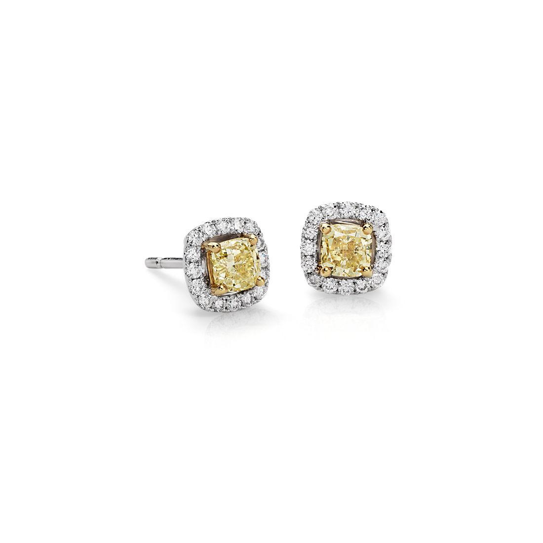 Puces d’oreilles halo de diamants jaunes en or blanc 14 carats