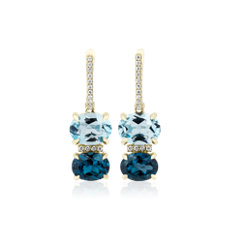 NEW London Blue Topaz and Sky Blue Topaz with Diamond Drop Earrings in 14k Yellow Gold