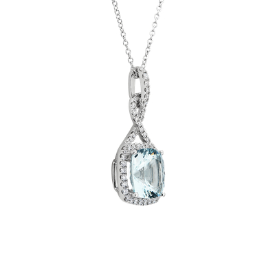 Cushion Cut Aquamarine and Diamond Twist Pendant in 18k White Gold (10x10mm)
