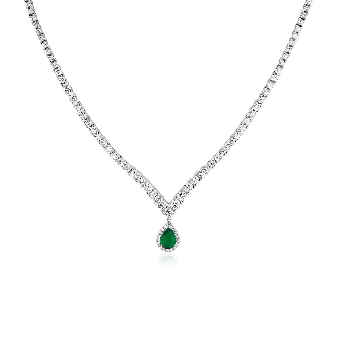 Diamond Chevron Eternity Necklace with Emerald Drop in 14k White Gold