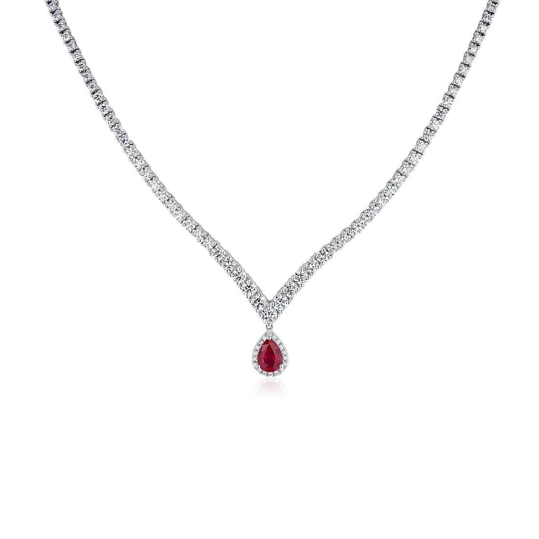 Diamond Chevron Eternity Necklace with Ruby Drop in 14k White Gold