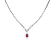 NEW Diamond Chevron Eternity Necklace with Ruby Drop in 14k White Gold