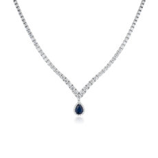Diamond Chevron Eternity Necklace with Sapphire Drop in 14k White Gold