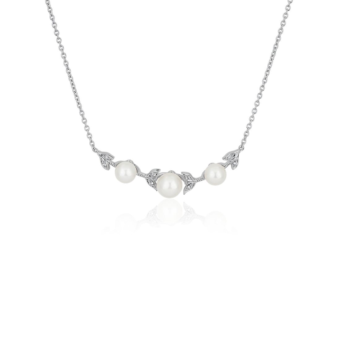 Freshwater Pearl Leaf Bar Necklace in Sterling Silver