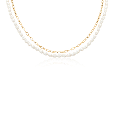 Freshwater Pearl and Paperclip Chain Double Strand Necklace in 14k ...