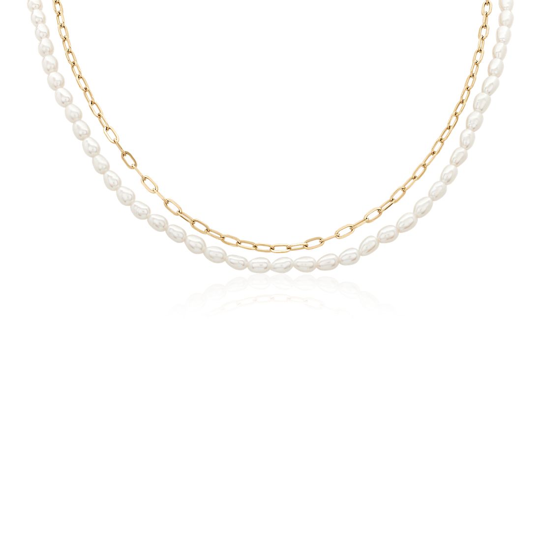 Freshwater Pearl and Paperclip Chain Double Strand Necklace in 14k Yellow Gold