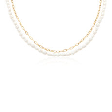 NEW Freshwater Pearl and Paperclip Chain Double Strand Necklace in 14k Yellow Gold