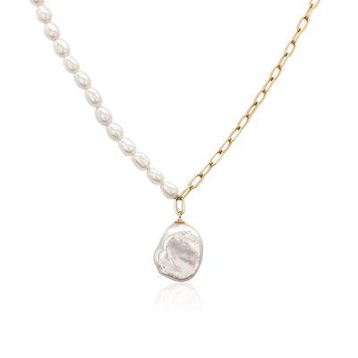 Freshwater Pearl and Paperclip Chain Necklace with Baroque Pearl Drop