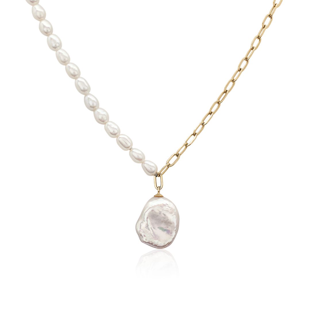 Freshwater Pearl and Paperclip Chain Necklace with Baroque Pearl Drop in 14k Yellow Gold