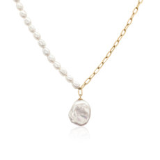 NEW Freshwater Pearl and Paperclip Chain Necklace with Baroque Pearl Drop in 14k Yellow Gold