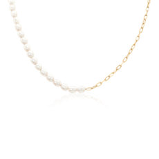 NEW Freshwater Pearl and Paperclip Chain Half-and-Half Necklace in 14k Yellow Gold