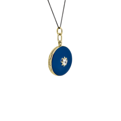 Monica Rich Kosann Blue Enamel Locket with Bezel Set White Topaz in 18k Yellow Gold and Sterling Silver