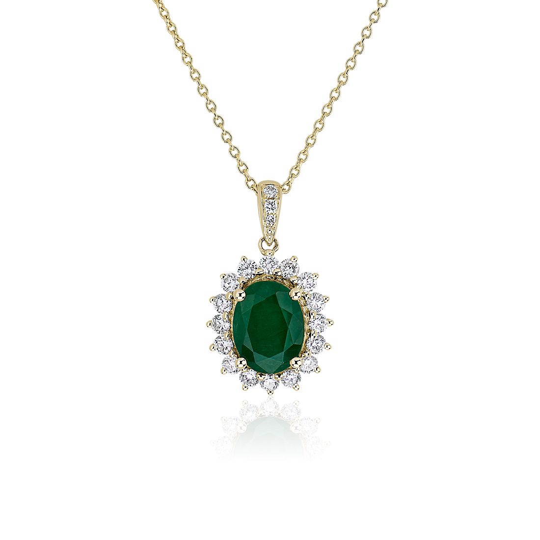 Oval Emerald and Diamond Sunburst Halo Pendant in 14k Yellow Gold (9x7mm)