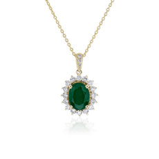 NEW Oval Emerald and Diamond Sunburst Halo Pendant in 14k Yellow Gold (9x7mm)