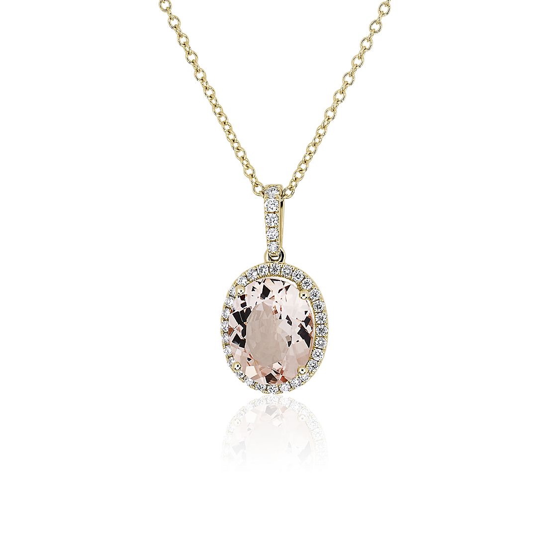 Oval Morganite and Diamond Halo Pendant in 14k Yellow Gold (10x8mm)