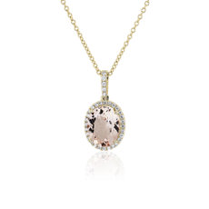 NEW Oval Morganite and Diamond Halo Pendant in 14k Yellow Gold (10x8mm)