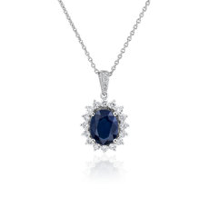 新款 14k 白金椭圆蓝宝石和钻石旭日光环光环吊坠（9x7 毫米）