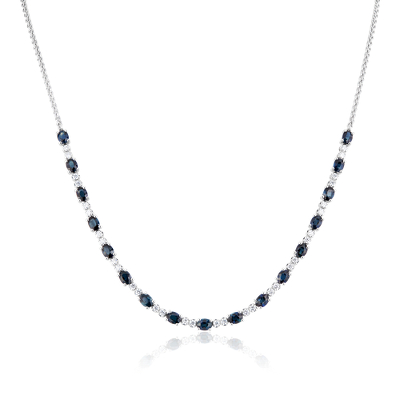 Oval Sapphire and Diamond Wheat Chain Necklace in 14k White Gold