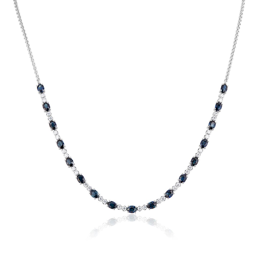 Oval Sapphire and Diamond Wheat Chain Necklace in 14k White Gold