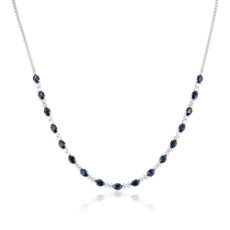 新款 14k 白金椭圆形蓝宝石和钻石小麦链项链