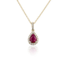 NEW Pear Ruby Diamond Halo Pendant in 14k Yellow Gold (7x5mm)