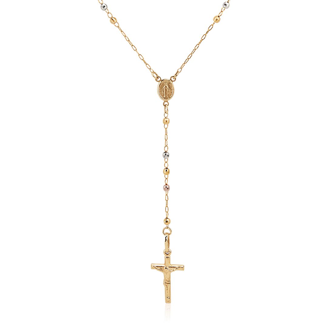 24" Polished Rosary Necklace in 14k Yellow, White, and Rose Gold