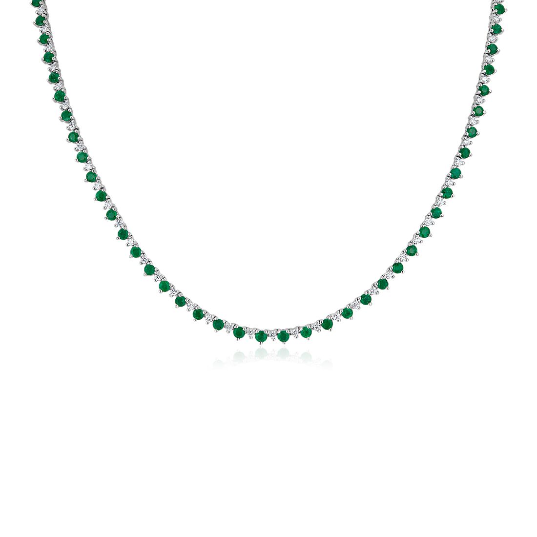 Round Emerald and Diamond Alternating Size Eternity Necklace in 14k White Gold (2.5mm)