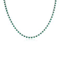 NEW Round Emerald and Diamond Alternating Size Eternity Necklace in 14k White Gold (2.5mm)