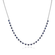 NEW Round Sapphire and Diamond Alternating Size Wheat Chain Necklace in 14k White Gold