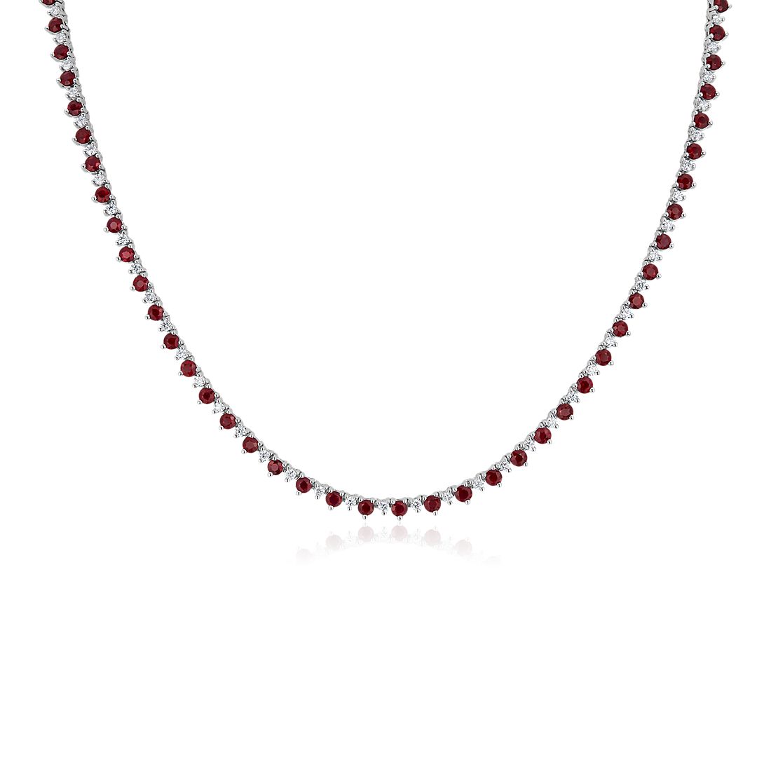 Ruby and Diamond Alternating Size Eternity Necklace in 14k White Gold (2.5mm)