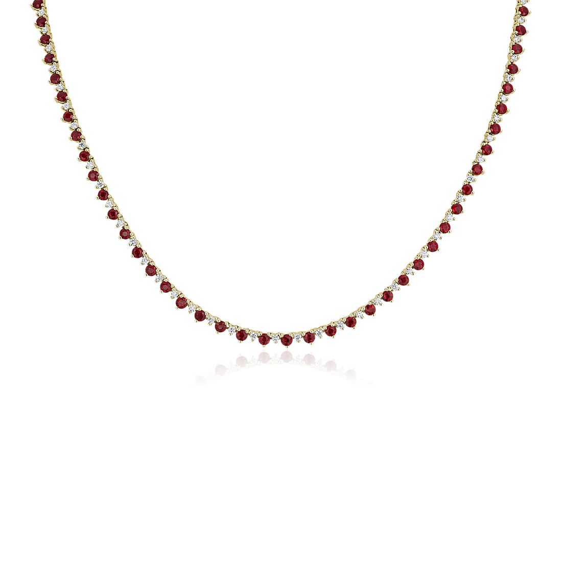 Round Ruby and Diamond Alternating Size Eternity Necklace in 14k Yellow Gold