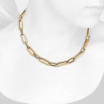 Closeup view of necklace on woman's neck