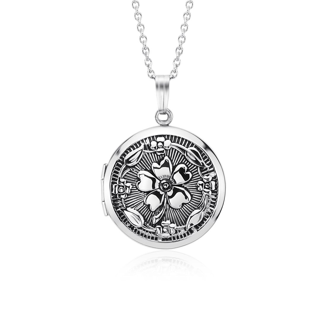 18" Antique Round Floral Locket in Sterling Silver