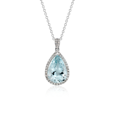 Converger Talentoso clase Colgante de aguamarina y halo de diamantes en oro blanco de 14 k (13 mm x 9  mm) | Blue Nile