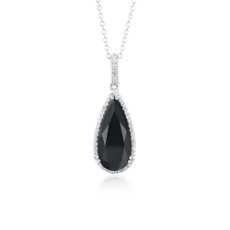 Black Onyx Pear Pendant with White Topaz Halo in Sterling Silver (18x8mm)