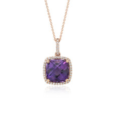 14k 玫瑰金墊形切割紫水晶吊墜與鑽石光環（10.5 毫米）