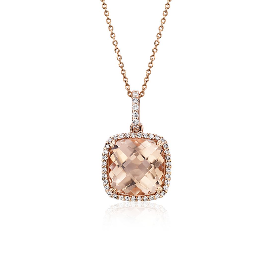Beautiful 7mm Cushion Morganite VS/H Diamonds 14K Rose Gold Pendant For Necklace