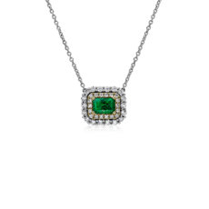 Emerald and Diamond Double Halo Necklace in 18k White Gold