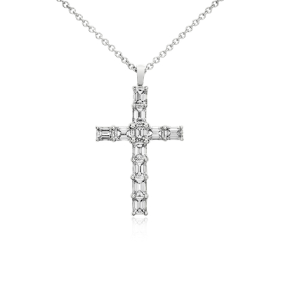Emerald Cut Diamond Cross Pendant in 18k White Gold (2 ct. tw.) Blue