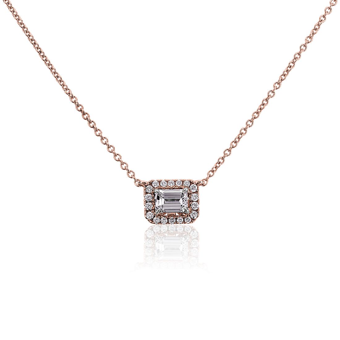Emerald-Cut Diamond Halo Necklace in 14k Rose Gold (0.43 ct. tw.)